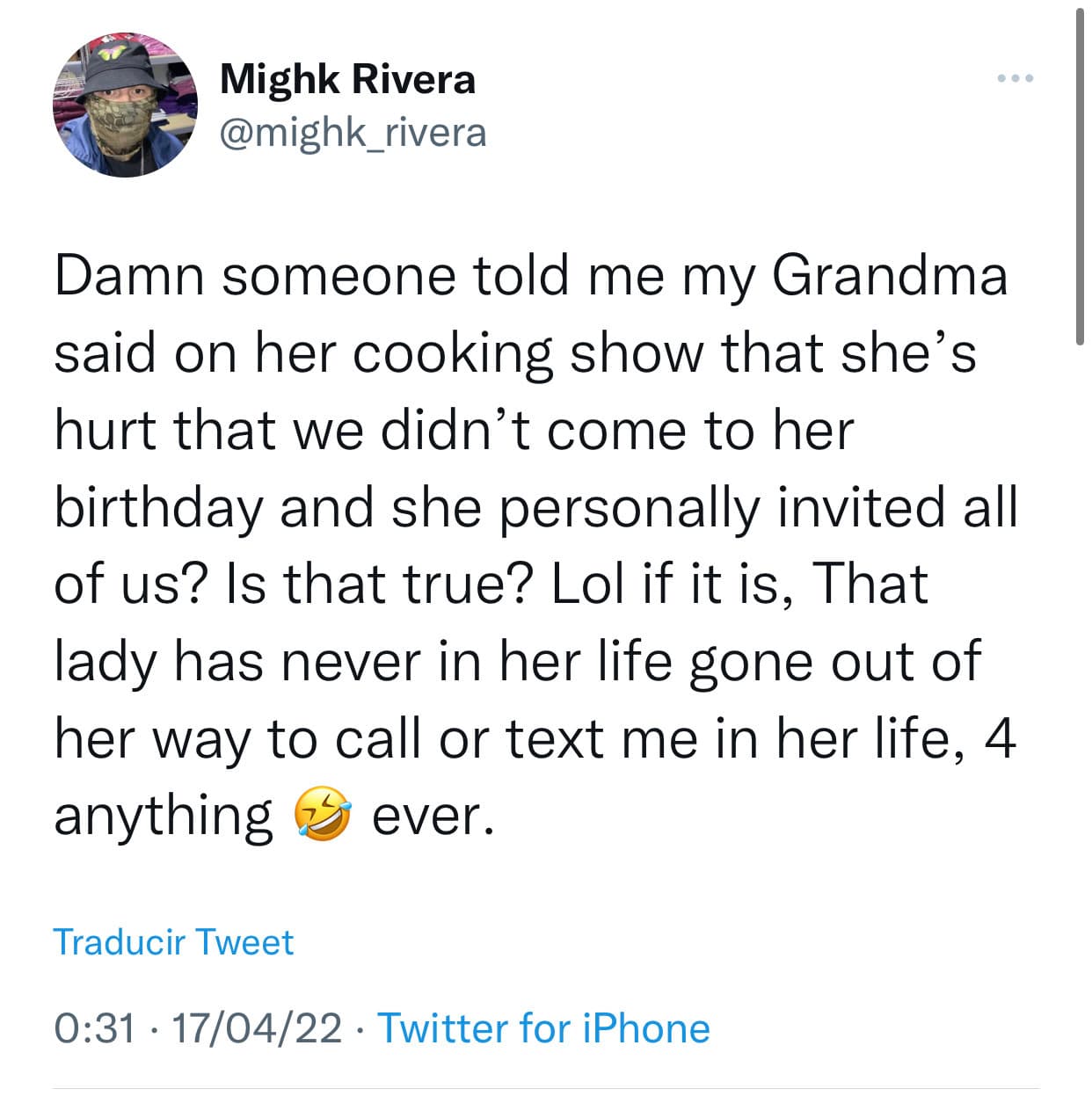 "Maldita sea, alguien me dijo que
<b>mi abuela dijo en su programa de cocina que está herida</b> porque no fuimos a su cumpleaños y que ella personalmente nos invitó a todos. ¿Es eso cierto?", escribió en inglés en una primera parte de su mensaje de este domingo 17 de abril.
<br>