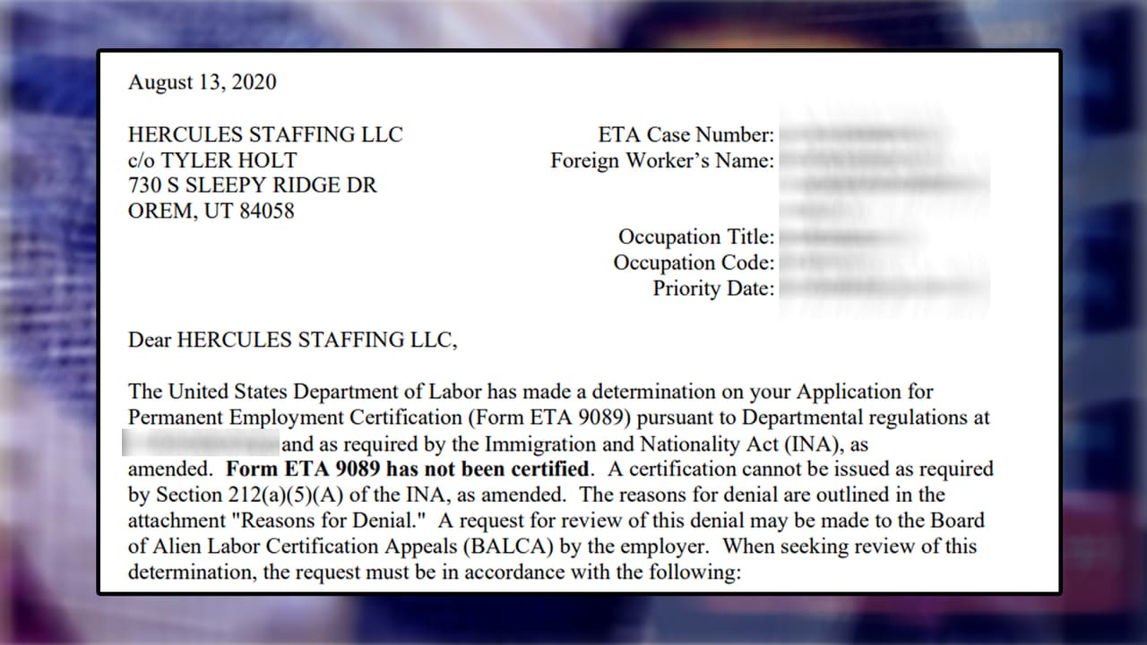 <i>Univision 32</i> tuvo acceso a una copia de la carta de negación por parte del Departamento de Trabajo, dirigida a Tyler Holt de Hercules Staffing. “El formulario ETA 9089 no ha sido certificado”, se lee en parte del documento oficial.
