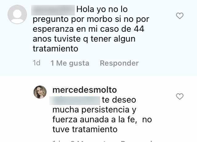 De hecho, a una de sus seguidoras le especificó en una respuesta que con la niña "no tuvo tratamiento" alguno de por medio para embarazarse.