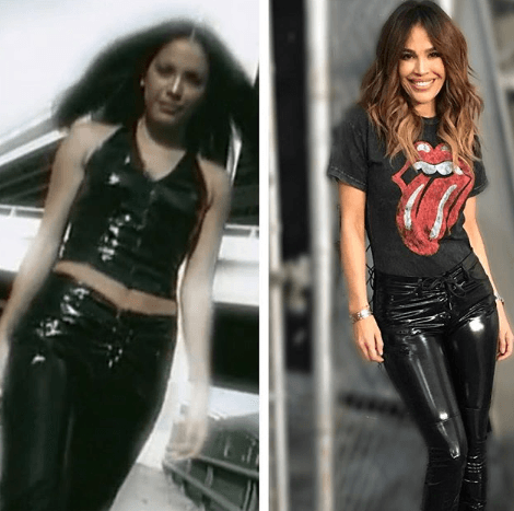 Como a los 18 años Karla Martínez amaba los pantalones de látex o viny. 20 años después usando un look muy parecido.