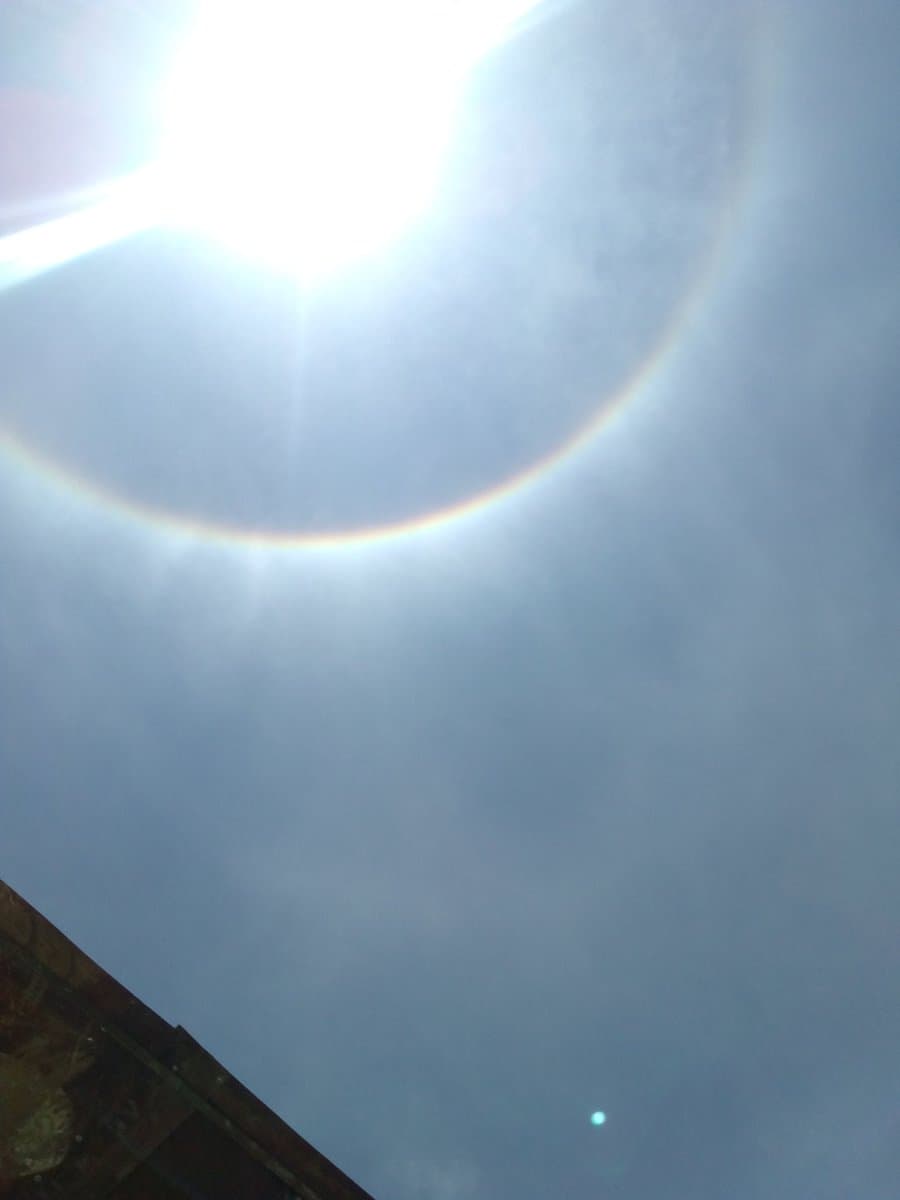 Los usarios de redes sociales compartieron imágenes del halo solar tomadas desde la calle, ventanas y azoteas de edificios en Ciudad de México. 
<b>Foto: @abrilbhp</b>