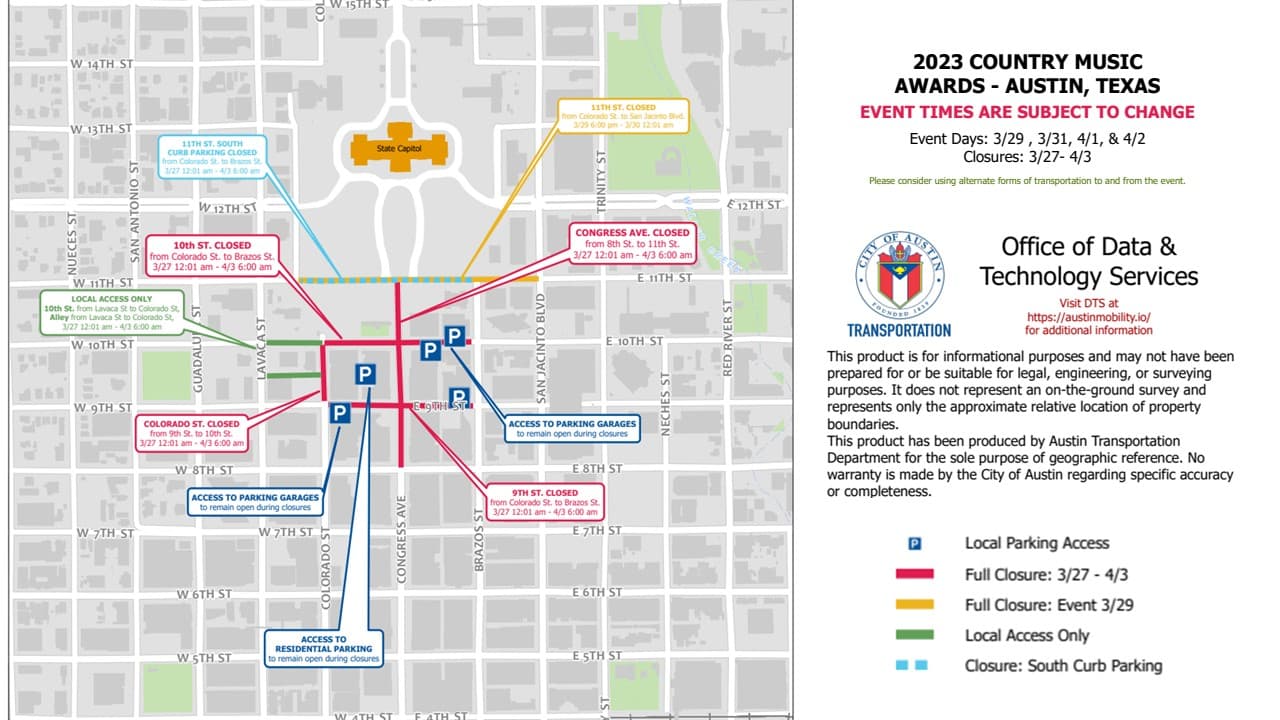 Mapa de cierres de carreteras para los eventos de CMT Music Awards al centro de Austin.