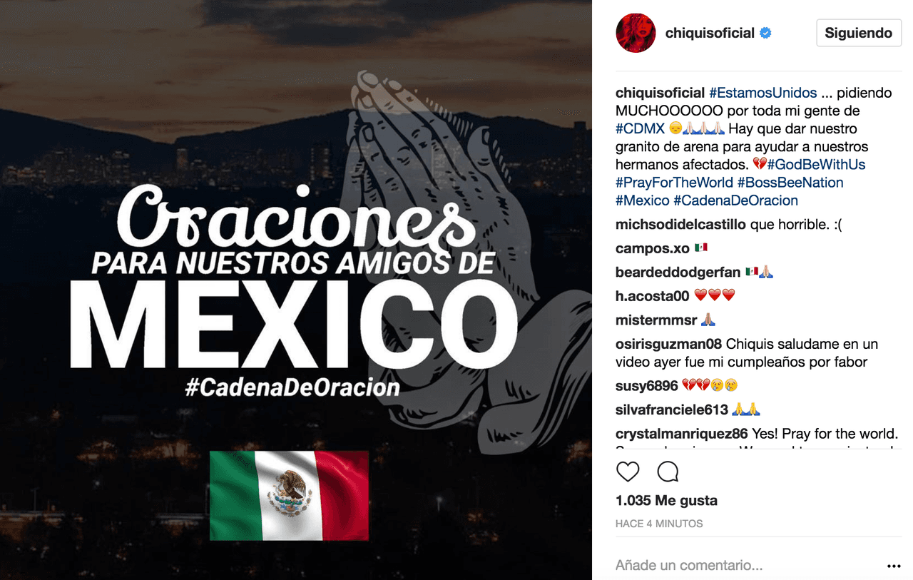 La hija de Jenni Rivera, la cantante y empresaria Chiquis Rivera se solidarizó y aprovechó para pedir ayuda para los damnificados.