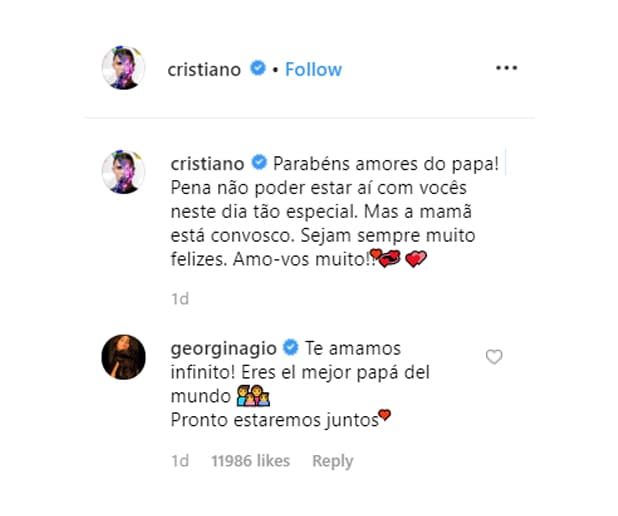 "¡Felicidades amores de papá! Pena no poder estar ahí con ustedes en este día tan especial. Pero mamá está con ustedes. Sean siempre muy felices. ¡Los amo mucho!". Georgina no dudó en contestarle asegurando que es "el mejor papá del mundo".
<br>