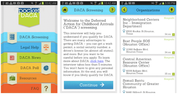 <b>Todo sobre DACA</b>
<br>
<a href="https://play.google.com/store/apps/details?id=com.daca&hl=es">Pocket DACA</a> recoge información sobre los derechos que protege la Deferred Action for Childhood Arrivals, proporciona contactos en caso de que se necesite asesoría legal, y también permite a los usuarios que compartan sus opiniones, dudas y experiencias para ayudarse unos a otros.
<br>