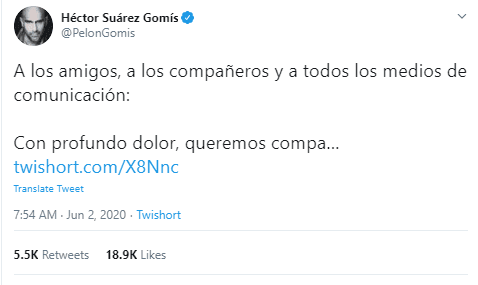 A través de este emotivo comunicado, la familia del actor pidió apoyo y respeto ante su pérdida. 
<br>
<br>“A los amigos, a los compañeros y a todos los medios de comunicación:
<br>Con profundo dolor, queremos compartir con ustedes el fallecimiento de Héctor Suárez Hernández.
<br>“La familia Suárez, les pedimos que por favor comprendan este momento de gran tristeza que estamos viviendo y también esperamos que puedan respetar nuestro duelo.
<br>Para nosotros se va el papá, el abuelo, el hermano, el esposo y no la figura pública que merece todo el reconocimiento de la familia artística y los medios de comunicación.
<br>Dennos oportunidad de procesar este duelo y en unos días podremos conversar con ustedes.
<br>¡Gracias!
<br>Descanse en paz, Héctor Suárez”.
<br>