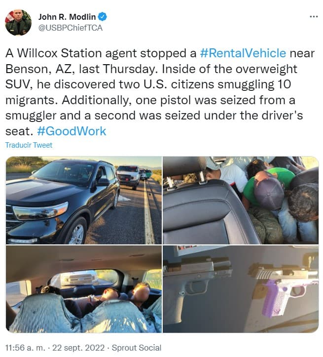 Ocurrió el jueves pasado, cerca de Benson, Arizona, según informó en un tuit John R. Modlin, jefe del sector Tucson de la Patrulla Fronteriza.
