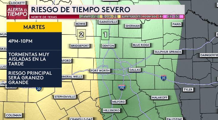 Dallas - Fort Worth se mantiene en el nivel de riesgo de tiempo severo 2, en una escala de 5, este martes 25 de abril.