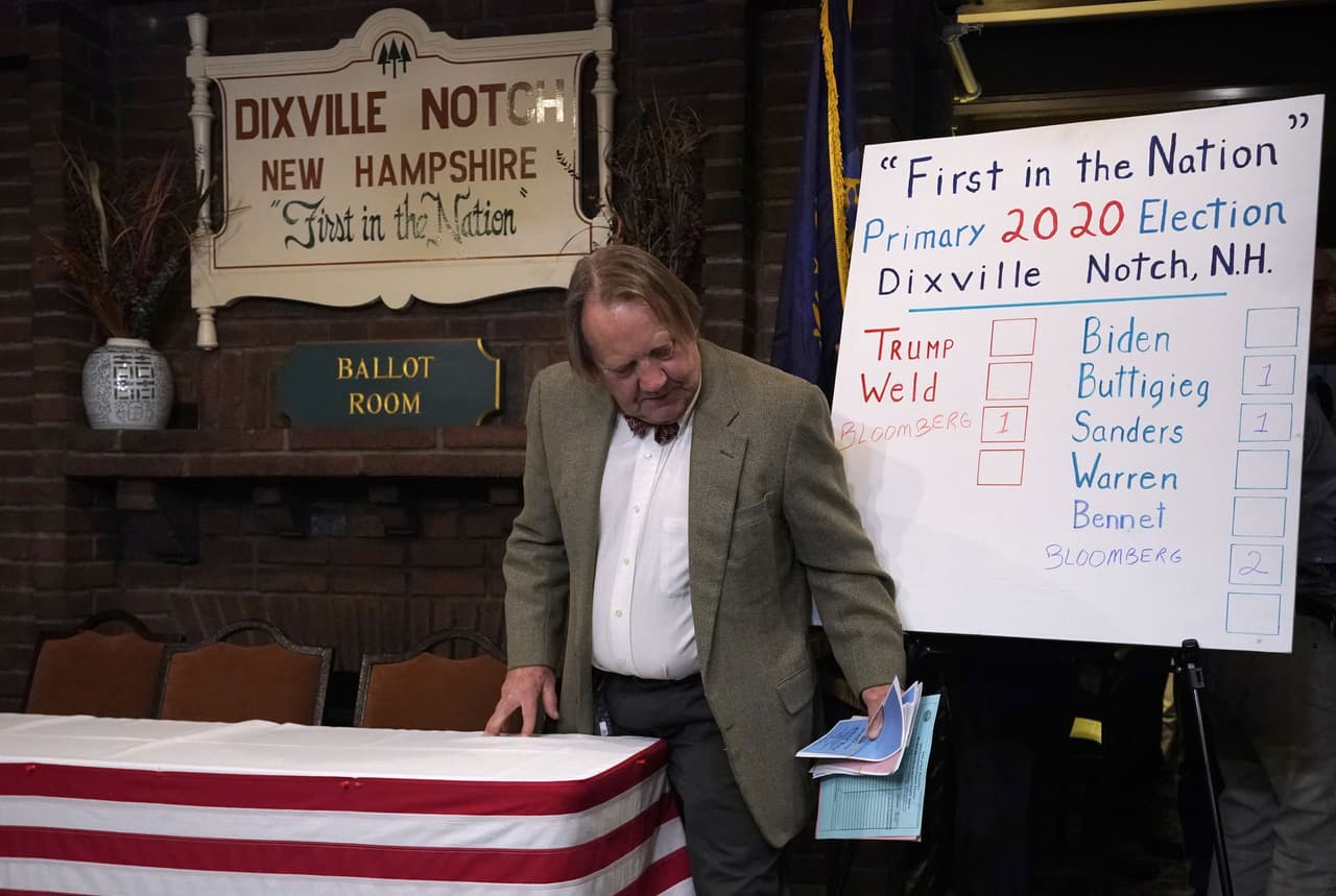El tablero de resultados después de la votación de medianoche que se realizó en Dixville Notch, al norte de New Hampshire. Expertos del clima habían pronosticado que una mezcla invernal ligera o lluvia y nieve caería en algunas partes del estado el día de las votaciones.