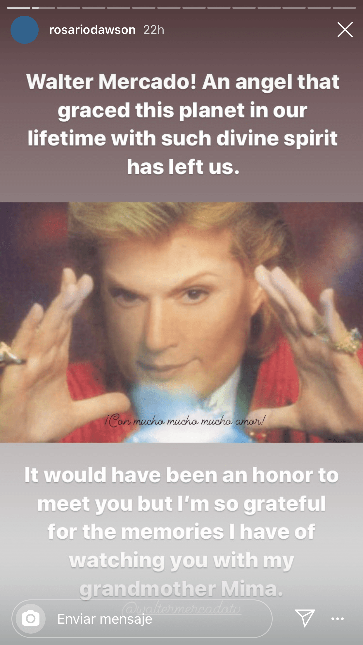 "Walter Mercado, un ángel que 
<b>llenó de gracia este planeta</b> con un espíritu divino, nos ha dejado. Habría sido un honor conocerte, pero estoy muy agradecida por las memorias que tengo de haberte visto (en la televisión) con mi abuela Mima", dijo Dawson en su cuenta de
<a href="https://www.instagram.com/rosariodawson/?hl=es-la"> <b>Instagram.</b></a>
<br>
<br>