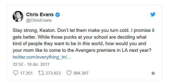 El actor Chris Evans, que encarna al capitán América, es uno de los famosos que lo apoyaron. "Sé fuerte Keaton. No te dejes atemorizar. Te prometo que mejorará. Mientras esos matones de tu escuela deciden qué tipo de personas quieren ser en este mundo, ¿te gustaría venir con tu madre al año que viene al estreno de 
<i>The Avengers </i>en LA?", escribió en un tuit.
