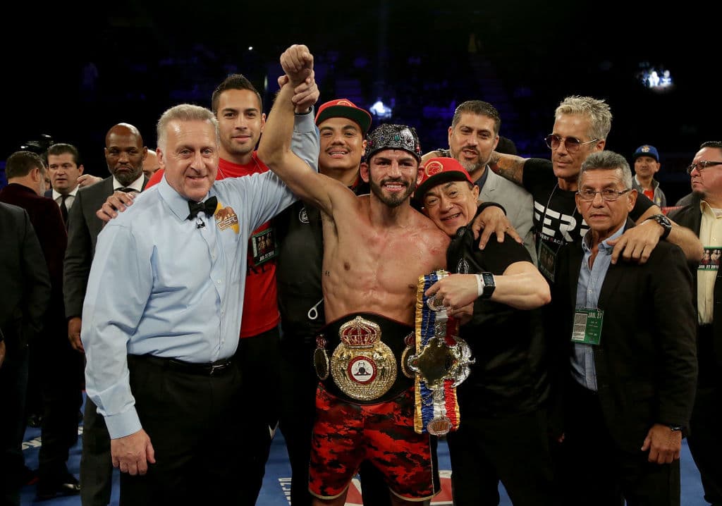 INGLEWOOD, CA - JANUARY 27: Jorge Linares of Venezuela celebrates his WBA and Ring lightweight title over Mercito Gesta at The Forum on January 27, 2018 in Inglewood, California. (Photo by Jeff Gross/Getty Images)