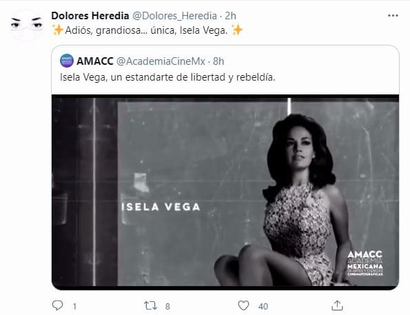 La actriz Dolores Heredia se sumó a las condolencias: "Adiós, grandiosa, única, Isela Vega".