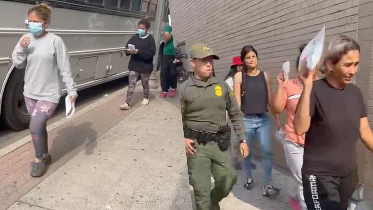 Migrantes bajan de un autobús de la Patrulla Fronteriza e ingresan a Caridades Católicas: todo queda en video
