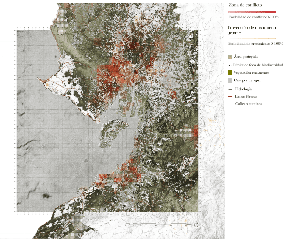 En Guayaquil, Ecuador, las zonas costeras presentan alto conflicto, como se ve en color rojo.