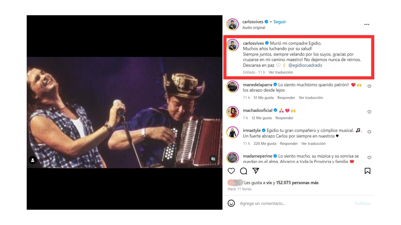 Carlos Vives también lamentó la muerte del acordeonista.