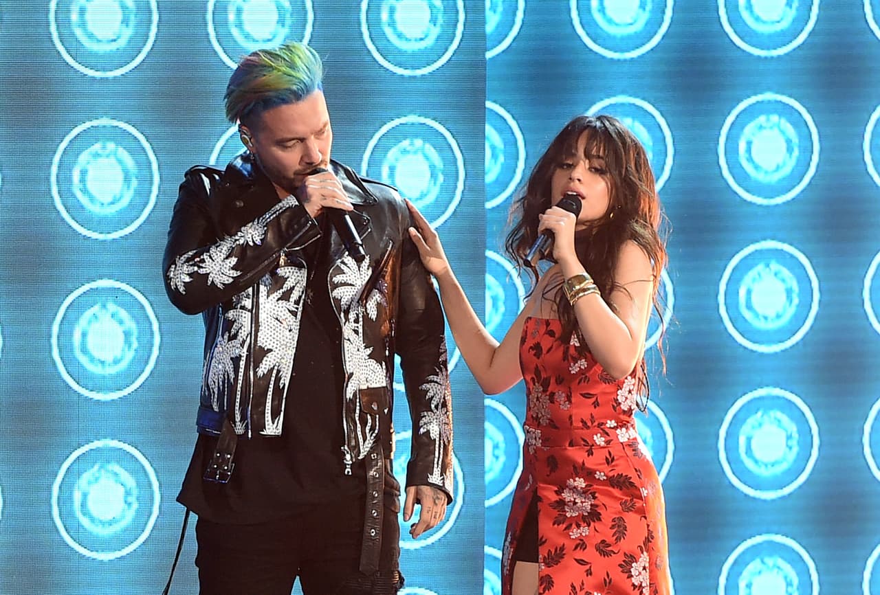Singers J Balvin and Camila Cabello perform onstage during the 2017 MTV Movie And TV Awards at The Shrine Auditorium on May 7, 2017 in Los Angeles, California. The two worked together on the song 'Hey Ma.'