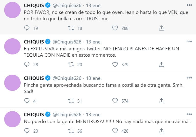 Sin mencionar nombres, la cantante se manifestó en Twitter con varios mensajes: " 
<b><a href="https://www.univision.com/famosos/juan-rivera-dice-que-lorenzo-mendez-le-cae-bien-angel-del-villar-de-la-patada-y-esto-opina-de-mr-tempo-fotos">¡No puedo con la gente mentirosa!</a> </b>No hay nada más que me cae mal", escribió en un primer mensaje. "Pinche gente aprovechada buscando fama a costillas de otra gente. Sad!", agregó en una segunda publicación.
<br>