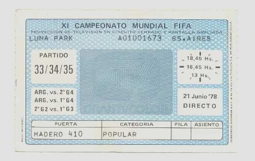 Para Argentina 78 un mismo boleto servía para varios encuentros como el que se ve aquí y que es para entrar a los duelos de la selección local.
