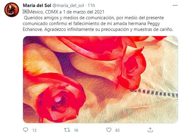 Dio el anuncio a través de su cuenta de Twitter, sin profundizar sobre la fecha exacta del fallecimiento ni las causas. Junto al mensaje le pidió a sus seguidores "su comprensión ya que las dos mujeres y pilares de mi vida partieron en tan poco tiempo".