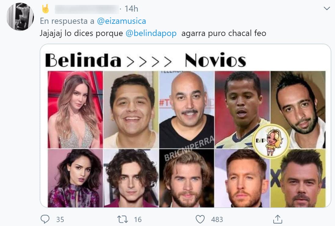 La noticia se viralizó y comenzó la lluvia de memes, incluso, hubo quienes 
<b>compararon a las parejas</b> que ha tenido 
<b>Belinda</b> con el historial amoroso de 
<b><a href="https://www.univision.com/famosos/timothee-chalamet-maluma-cristiano-ronaldo-liam-hemsworth-y-otros-este-es-el-historial-amoroso-de-eiza-gonzalez-fotos">Eiza González</a></b>. 
<br>