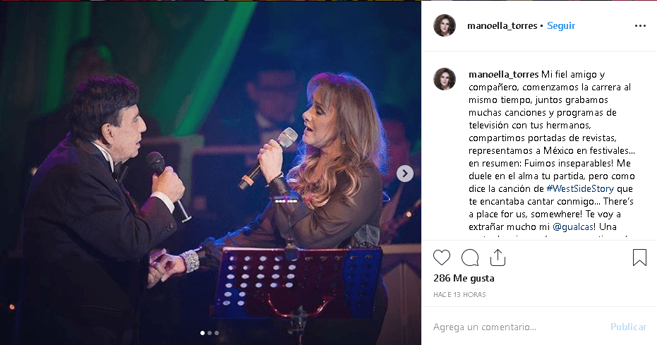 “Mi fiel amigo y compañero, comenzamos la carrera al mismo tiempo, juntos grabamos muchas canciones y programas de televisión con tus hermanos, compartimos portadas de revistas, representamos a México en festivales... en resumen: ¡Fuimos inseparables!”, se lee en una parte del 
<b><a href="https://www.instagram.com/p/BzO6H00hAEn/" target="_blank">mensaje en Instagram</a></b> que ella publicó junto a una foto con él.