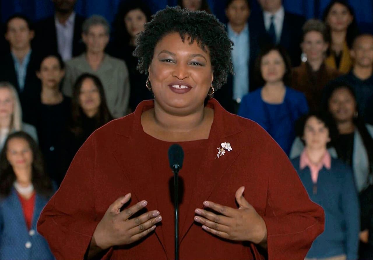 In this pool image from video, Stacey Abrams delivers the Democratic party's response to President Donald Trump's State of the Union address, Tuesday, Feb. 5, 2019 from Atlanta. Abrams narrowly lost her bid in November to become America's first black female governor, and party leaders are aggressively recruiting her to run for U.S. Senate from Georgia. Speaking from Atlanta, Abrams calls the shutdown a political stunt that "defied every tenet of fairness and abandoned not just our people, but our values." (Pool video image via AP)