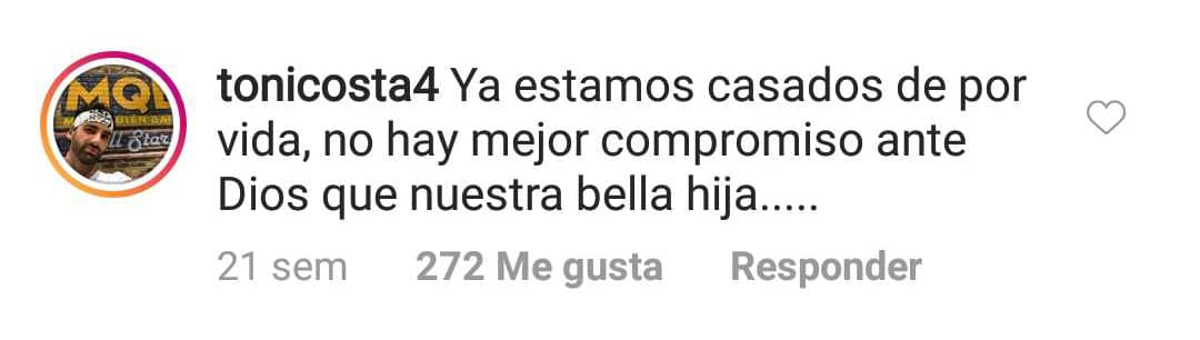 Toni contestó a algunos de los seguidiores dejándole claro que 
<b>ya le había entregado la sortija y les aseguró que <a href="https://www.univision.com/entretenimiento/ya-estamos-casados-la-sorprendente-respuesta-de-toni-costa-sobre-su-relacion-con-adamari-lopez">ya estaban "casados de por vida"</a></b>.