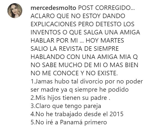 Molto inició el mensaje advirtiendo que
<b><a href="https://www.instagram.com/p/CTOQ1ZAtE3F/" target="_blank"> "detesta los inventos"</a></b> y expuso una serie de puntos con los que quiso dar por terminados los rumores acerca de su vida privada. 
<br>