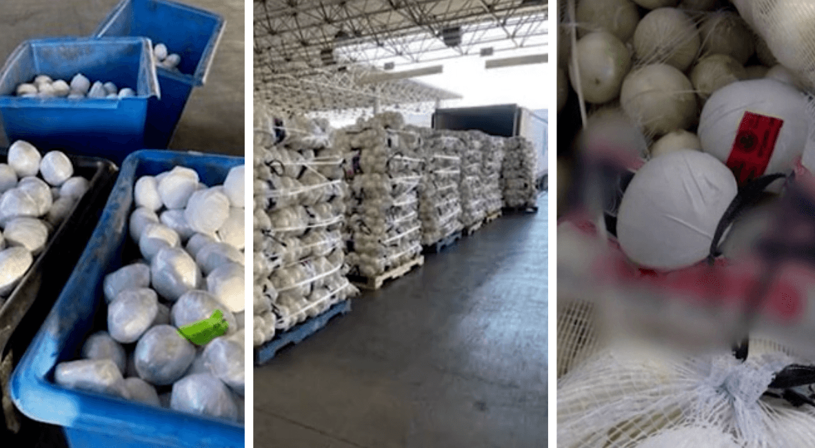 El millonario cargamento de metanfetaminas fue catalogado como un "intento inteligente" en el que pretendían pasar la 
<b><a href="https://www.univision.com/local/los-angeles-kmex/narco-cebollas-decomisan-droga-valorada-en-casi-de-3-millones-de-en-cargamento-de-verduras-video" target="_blank">droga camuflada entre cebollas</a></b> provenientes de México con destino a California.