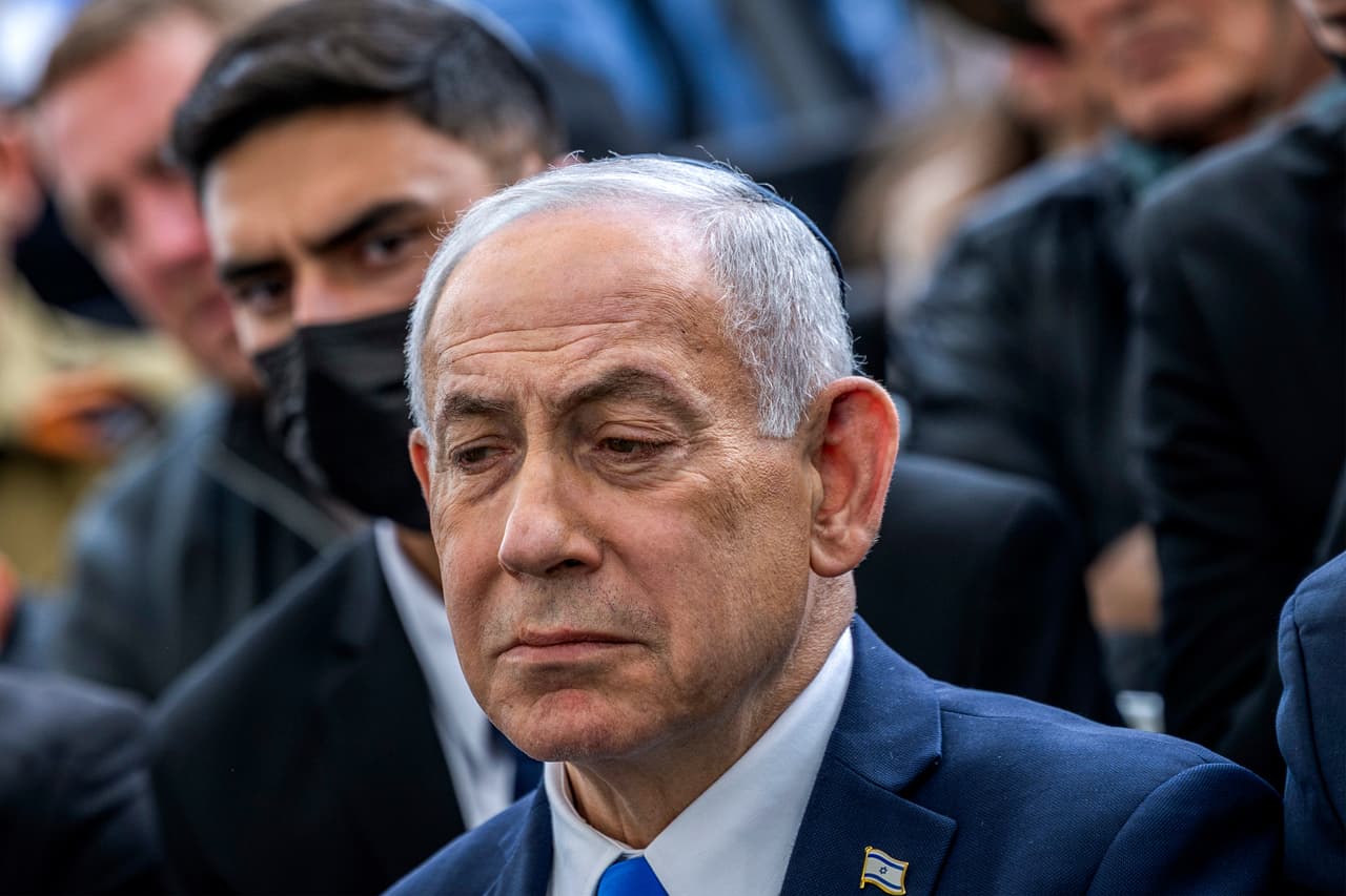 Benjamin Netanyahu durante funeral de Ran Gvili, en Meitar el 28 de enero de 2026.