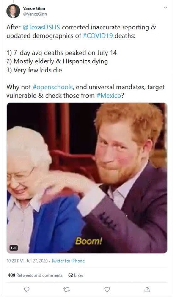 El tuit de Vance Ginn, en que sugiere que las escuelas podrían abrir de nuevo sus puertas si se focaliza la atención en viejos y se checa a "aquellos que vienen de México".
