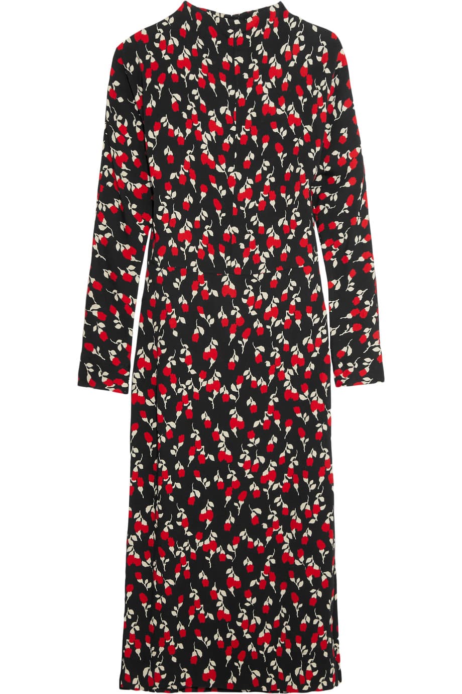 El miniprint floral en vestidos de base negra son ideales para una cena navideña que quiere invocar aires festivos y coloridos. Busca uno de seda, de cuello alto y líneas rectas como este de Marni.