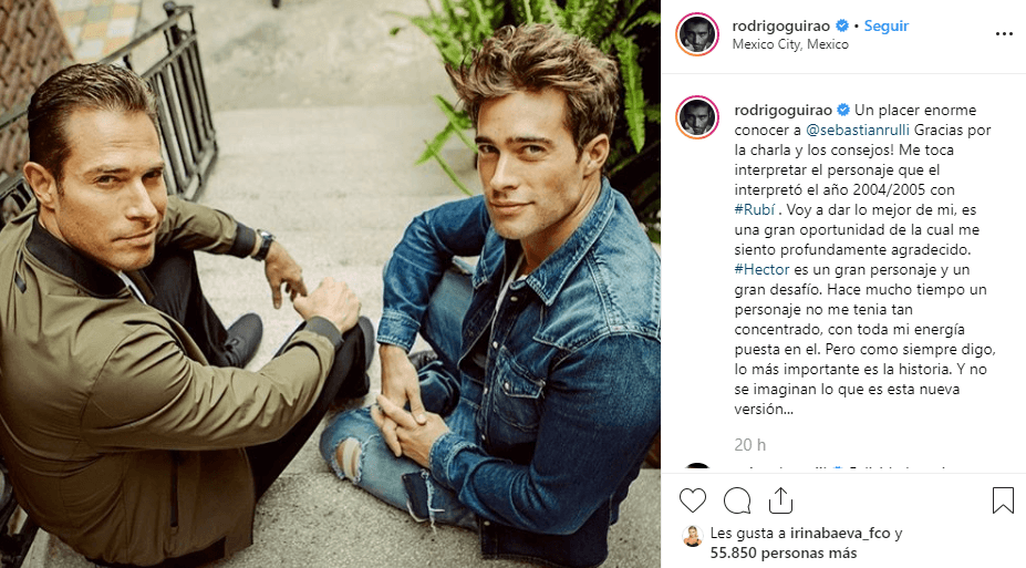 Rodrigo Guirao y Sebastián Rulli 
<b><a href="https://www.univision.com/famosos/sebastian-rulli-dio-consejos-a-rodrigo-guirao-para-interpretar-a-hector-en-el-remake-de-rubi-fotos">se reunieron para conversar</a></b> sobre Héctor, uno de los protagonistas masculinos de 'Rubí', y el encuentro fue compartido por el actor de 39 años en su cuenta de Instagram.