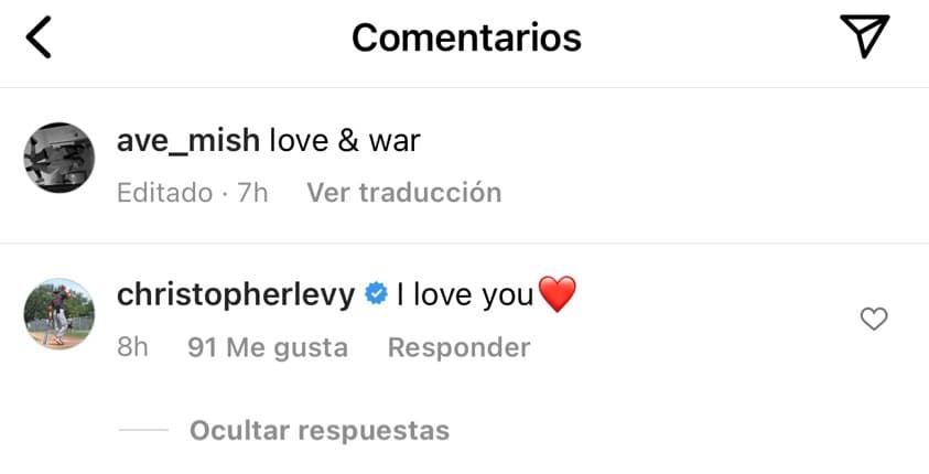 Acompañó la imagen con el mensaje
<b>"amor y guerra" </b>y, en la sección de comentarios, Christopher Levy le escribió un "te amo".
<br>