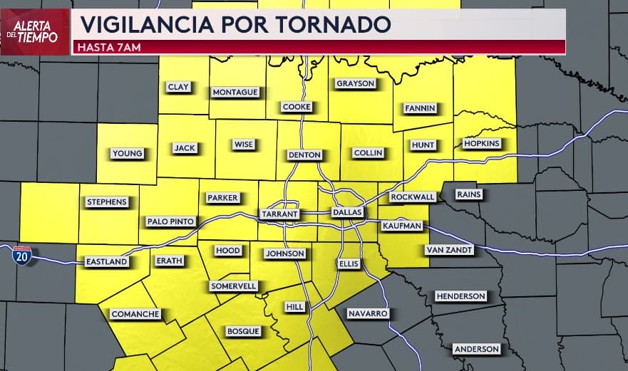 Estamos bajo una Vigilancia por Tornado hasta las 7:00am para gran parte del norte de Texas, incluyendo Dallas - Fort Worth.
