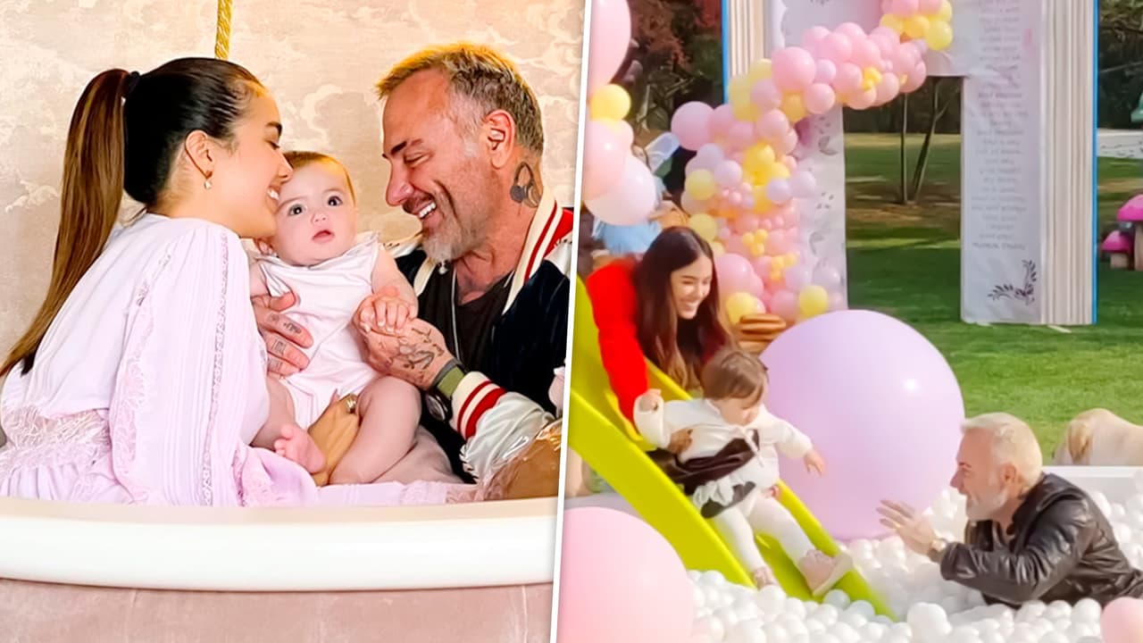 Blu llegó a un año y Gianluca Vacchi y Sharon Fonseca le construyeron todo un pueblo de fantasía para celebrar