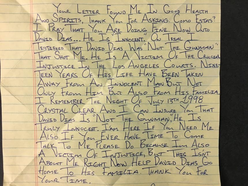Carta que Remberto Preciado envió a Univision Noticias diciendo que David Díaz no fue la persona que le disparó en 1998.