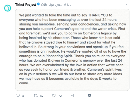 En homenaje al actor, 
<b><a href="https://twitter.com/thirstproject/status/1148388503350235136" target="_blank">The Thirst Project</a> </b>publicó en Twitter que Cameron se mantuvo fiel a sí mismo y defendió lo que creía.