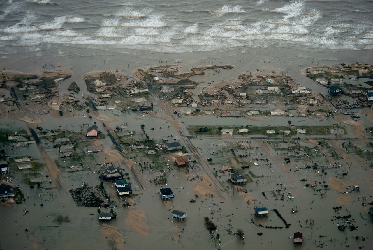 CRYSTAL BEACH, TX - SEPTEMBER 13: In this aerial photo, waterfront damage from Hurricane Ike can be seen September 13, 2008 in Crystal Beach, Texas. Ike caused extensive damage along the Texas Gold Coast, leaving millions without power. (Photo by Smiley N. Pool-Pool/Getty Images)