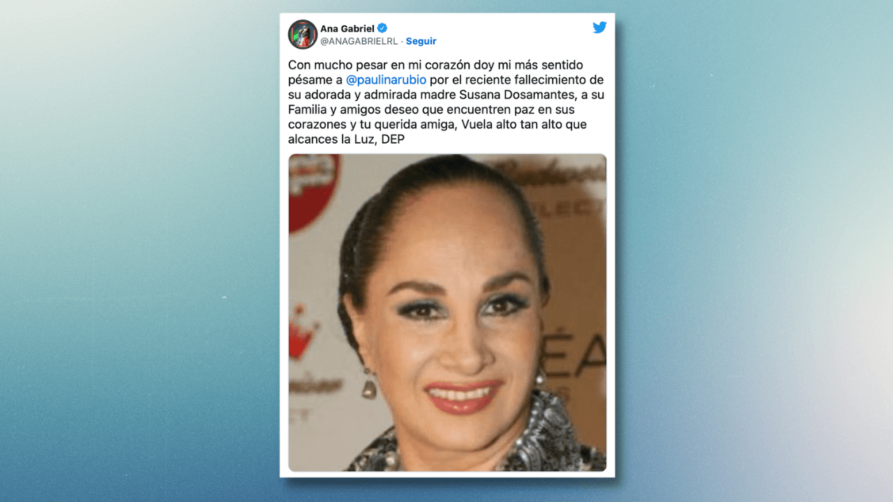 'La Diva de América' también 
<b>envió sus condolencias a la 'Chica Dorada' </b>por la muerte de Susana Dosamantes: "Con mucho pesar en mi corazón doy mi más sentido pésame a @paulinarubio por el reciente fallecimiento de su adorada y admirada madre Susana Dosamantes, a su Familia y amigos deseo que encuentren paz en sus corazones y tu querida amiga, Vuela alto tan alto que alcances la Luz, DEP".