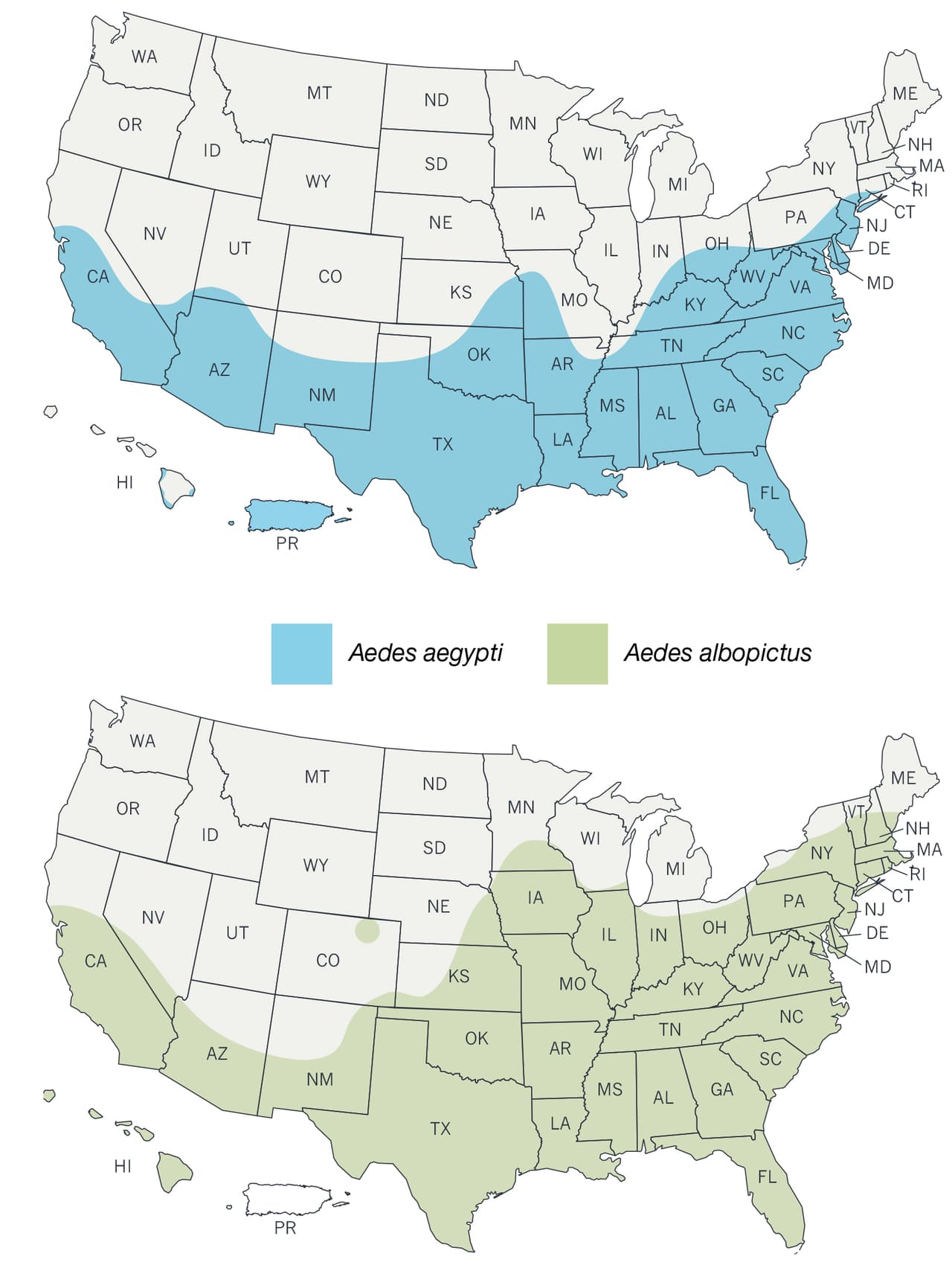 Estos mapas muestran las zonas donde habitan los mosquitos que podrían transmitir el zika, si llegaran a infectarse con el virus.