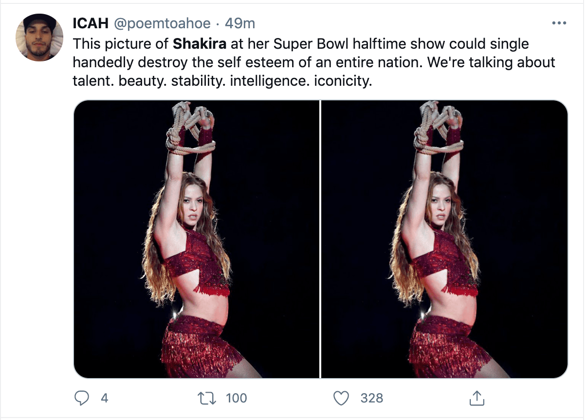 Este usuario, por ejemplo, resaltó: "Esta foto de Shakira durante su actuación el en medio tiempo del Super Bowl LIV destruye la autoestima de cualquier nación. Estamos hablando de talento, belleza, estabilidad, inteligencia e iconicidad".