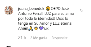 La actriz, originaria de Rumanía, escribió: "¡Que en paz descanse José Antonio Ferral! ¡Luz para su alma por toda la eternidad! Dios lo tenga en su amor y luz eterna".