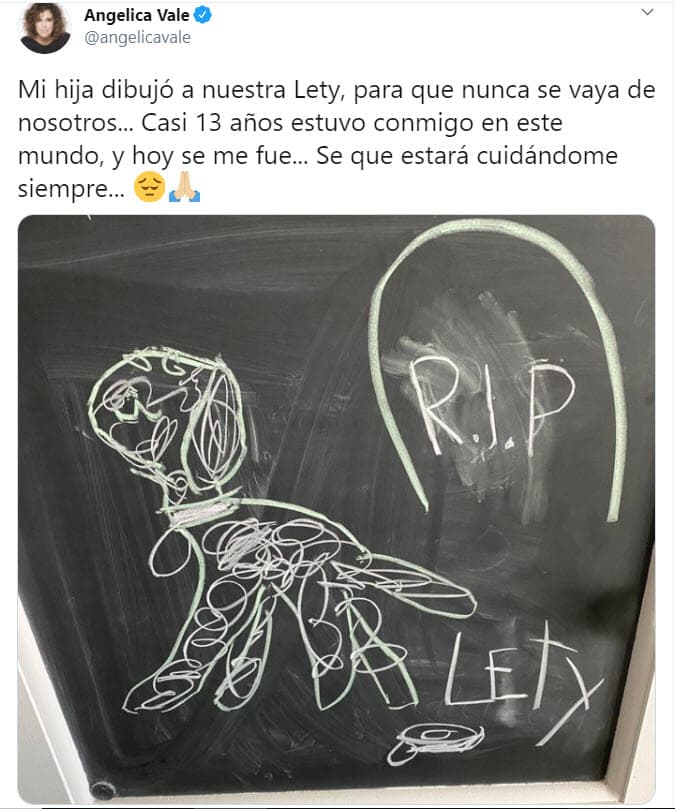 Angélica Masiel, su hija mayor, también sentía un gran cariño por la perrita. Para darle el último adiós, le hizo un dibujo: "Mi hija dibujó a nuestra Lety, para que nunca se vaya de nosotros... Casi 13 años estuvo conmigo en este mundo, y hoy se me fue... Sé que estará cuidándome siempre", escribió Angélica Vale.