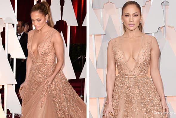 Para la 87º entrega de los Premios Oscar, la cantante se lució con un vestido vaporoso color 'nude'. ¡De lejos parecía que estaba desnuda!