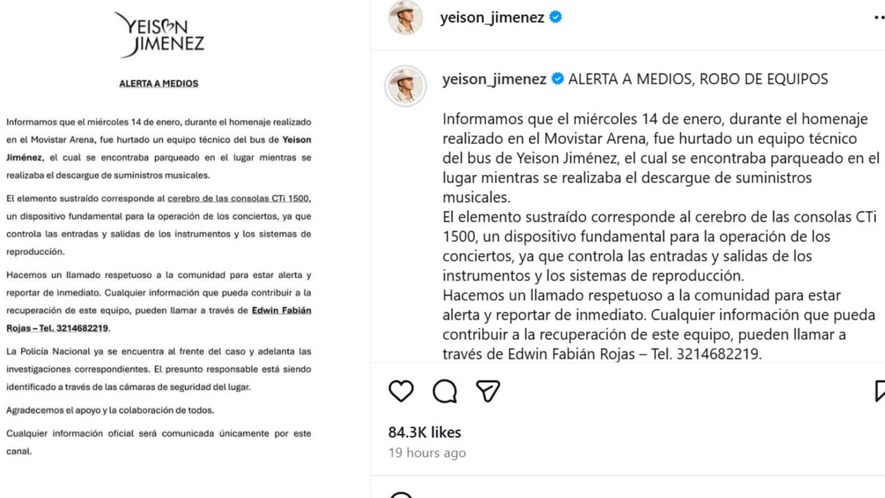Así fue denunciado públicamente en Instagram el presunto robo al equipo de Yeison Jiménez en pleno homenaje póstumo.