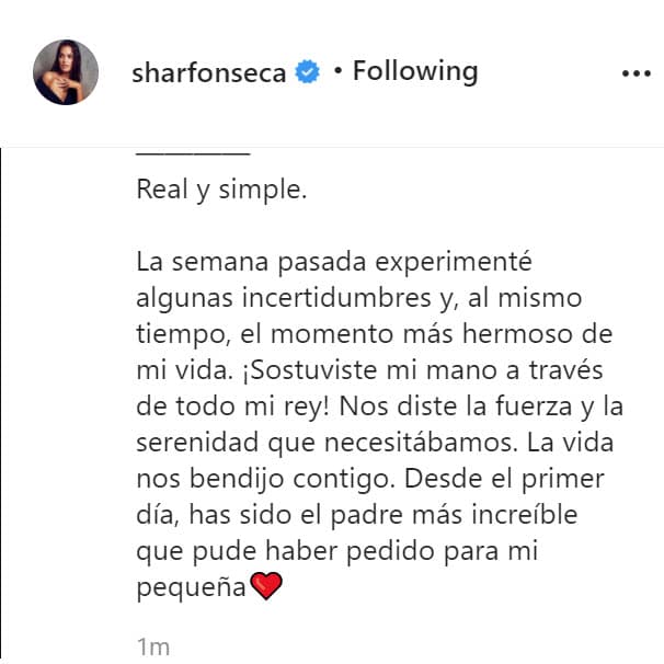 Fonseca se sinceró acerca de lo que vivió desde antes del alumbramiento: "La semana pasada,
<b> <a href="https://www.univision.com/famosos/gianluca-vacchi-quedo-bloqueado-de-emocion-al-sentir-una-patadita-de-su-bebe-desde-la-pancita-de-sharon-fonseca-video" target="_blank">experimenté algunas incertidumbres</a></b> y, al mismo tiempo, el momento más hermoso de mi vida".
<br>