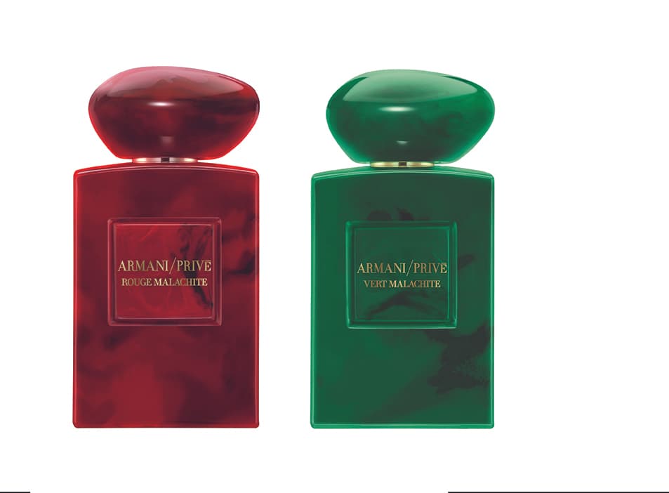 La colección Terre Précieuses se inspira en los viajes de Giorgio Armani. Rouge Malachite es un homenaje a las mujeres rusas, mientras Vert Malachite le rinde tributo a las tierras del lugar. El diseñador se inspiró en una pieza que tenía de malaquita. Ambas fragancias tienen entre sus notas ylang ylang y jazmín Sambac. Además, la verde tiene naranja amarga y vainilla, mientras que la roja tiene nardo y azahar.