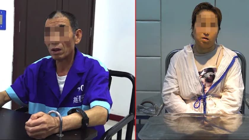 El presunto traficante de niños, identificado solo como Hu (izquierda), y su ex novia identificada como Tang (derecha) fueron detenidos por la policía china. Los dos confesaron después del interrogatorio que Tang había secuestrado a Guo Xinzhen en 1997.